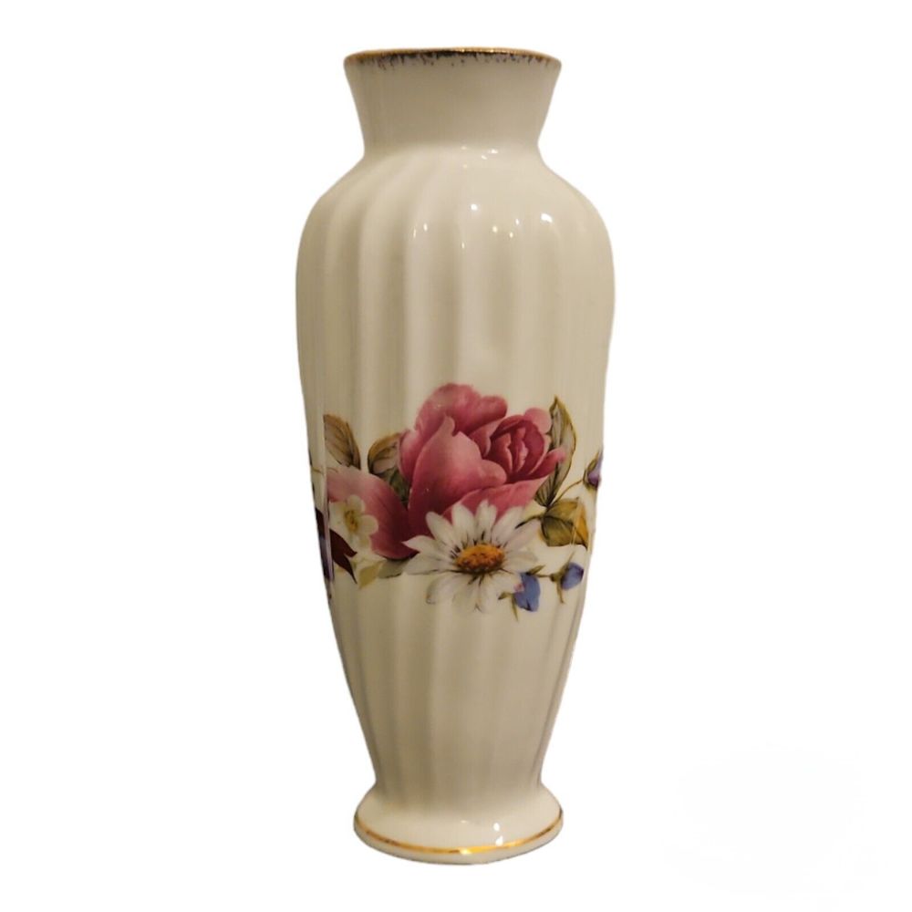 Summer Rose Fine Bone China Mini 5" Floral Vase White With Gold Trim Collebtable